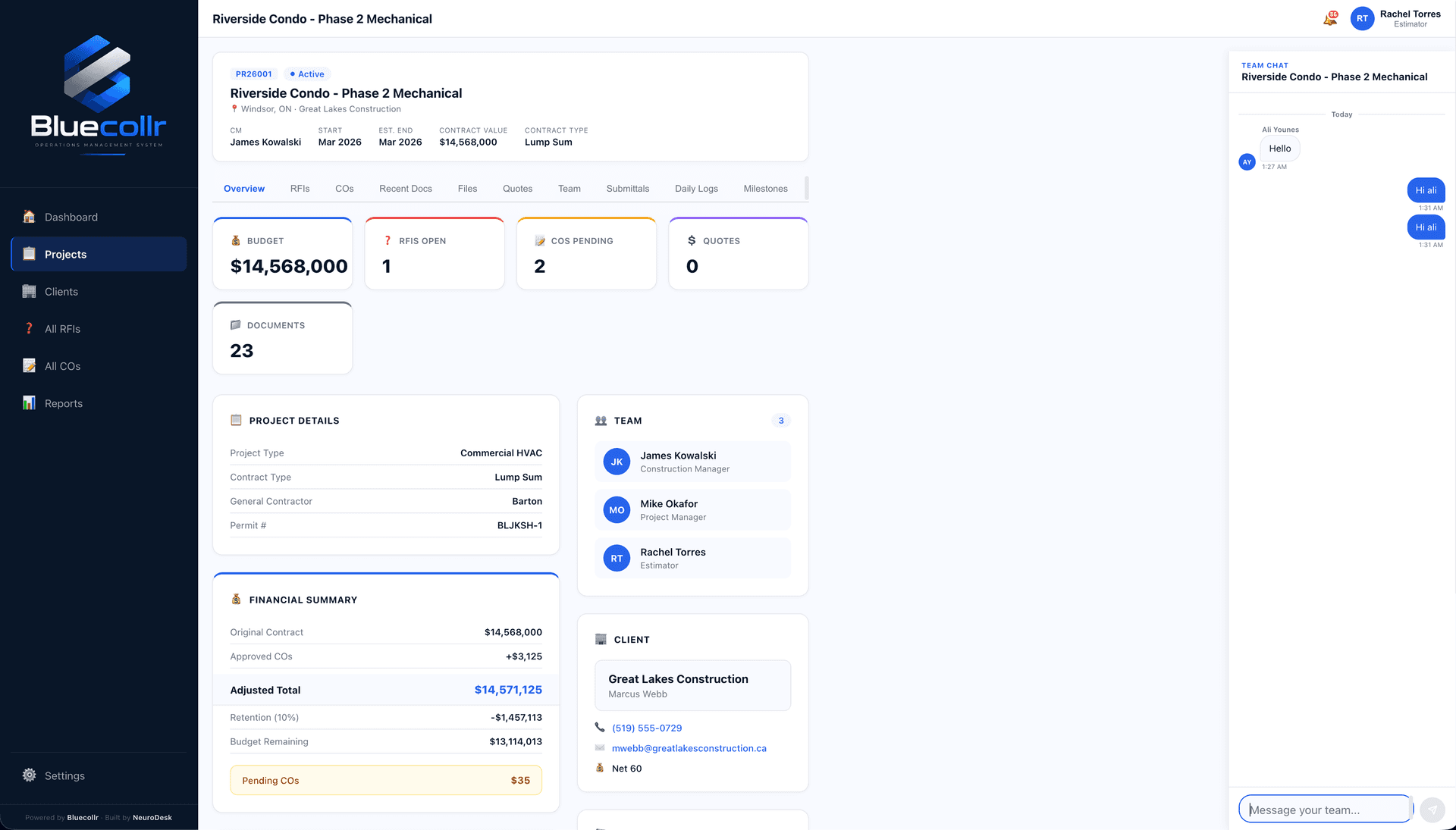 Bluecollr dashboard — Riverside Condo project with RFIs, Change Orders, and Team Chat